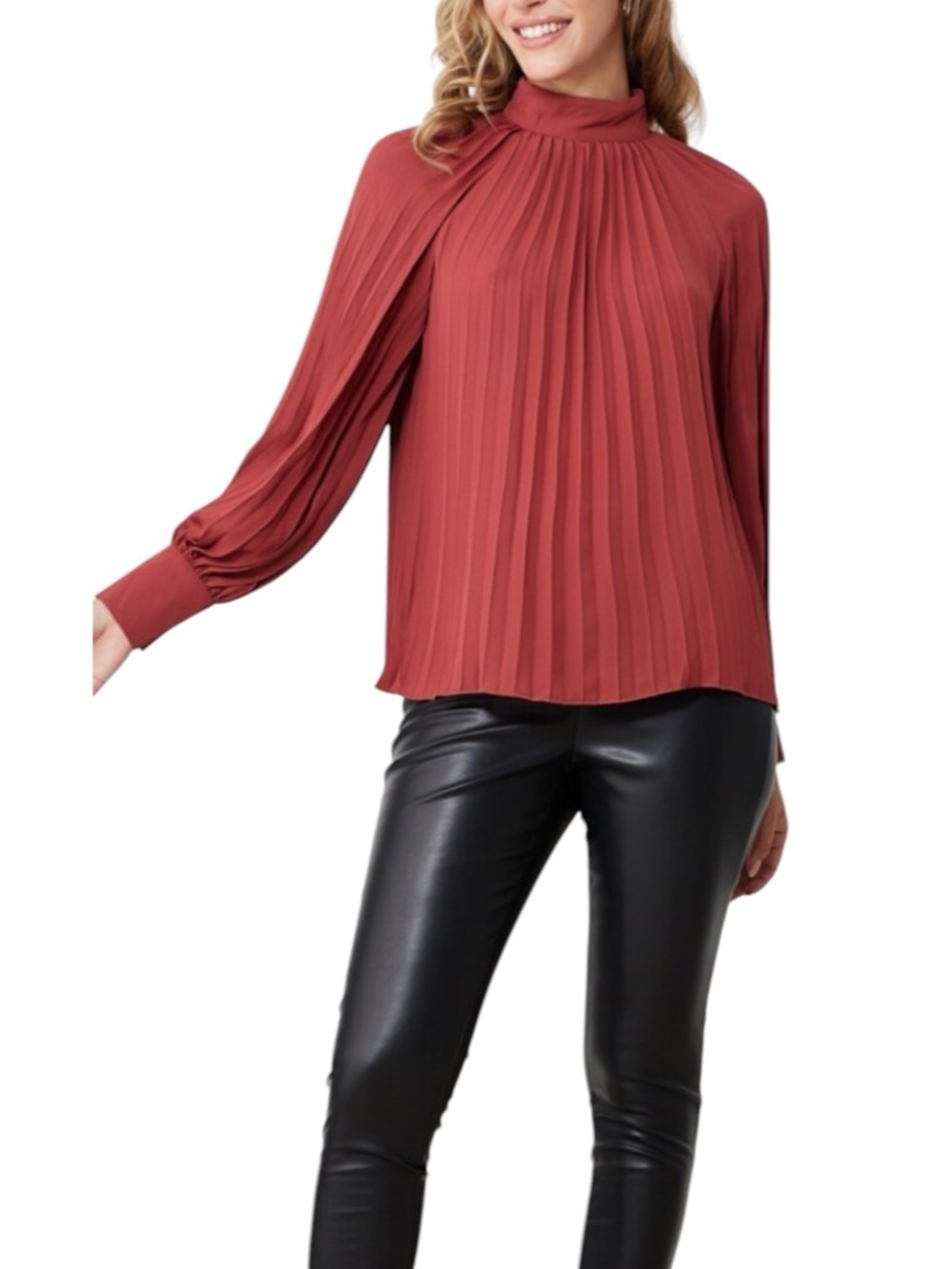 NWT Adiva Rust Pleated High Neck Blouse XL Long Sleeve Flowy Elegant Top